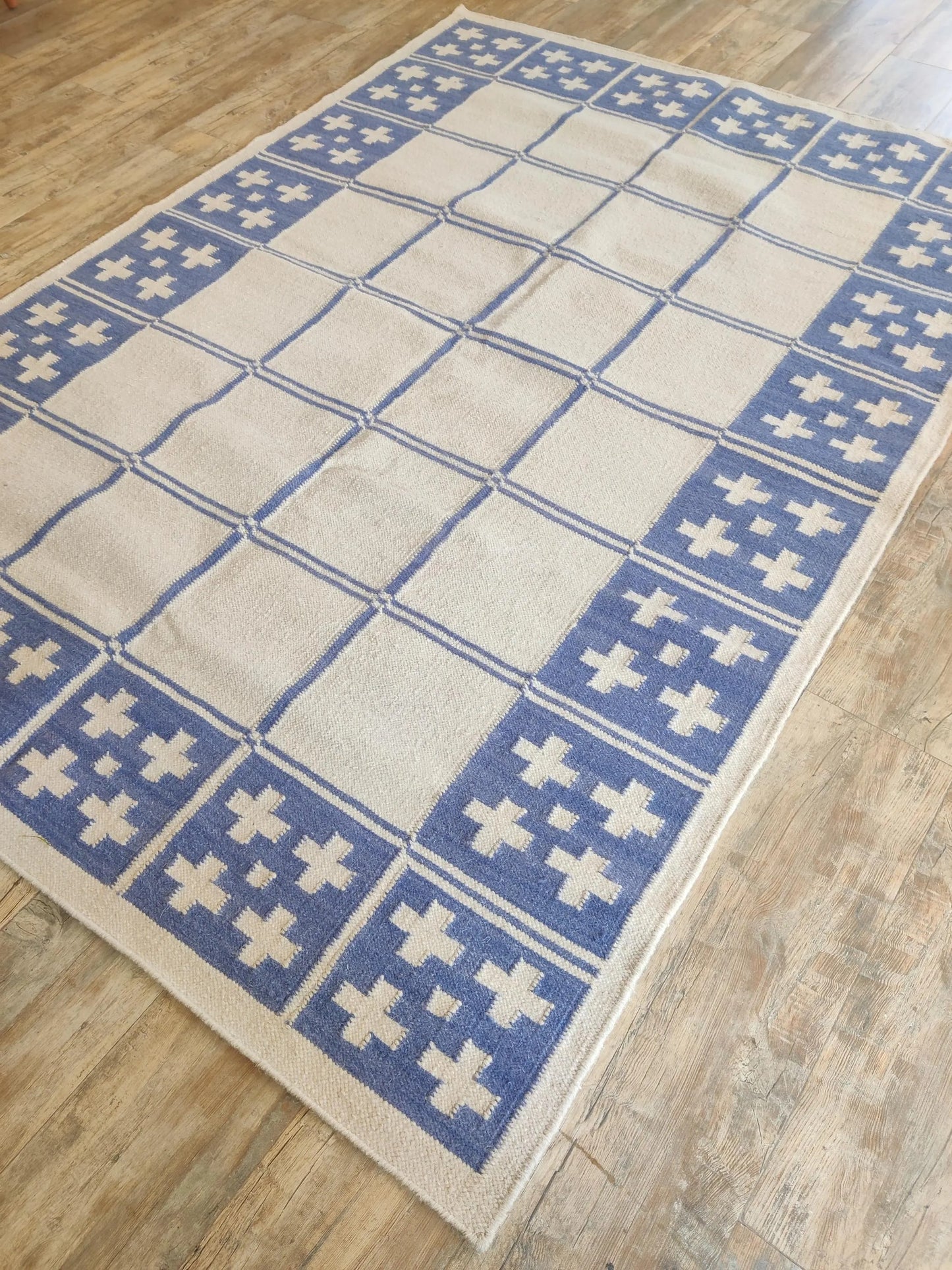 Periwinkle Windowpane Cross Modern Blue & Cream Wool Cotton Dhurrie Rug