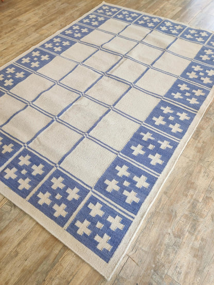 Periwinkle Windowpane Cross Modern Blue & Cream Wool Cotton Dhurrie Rug