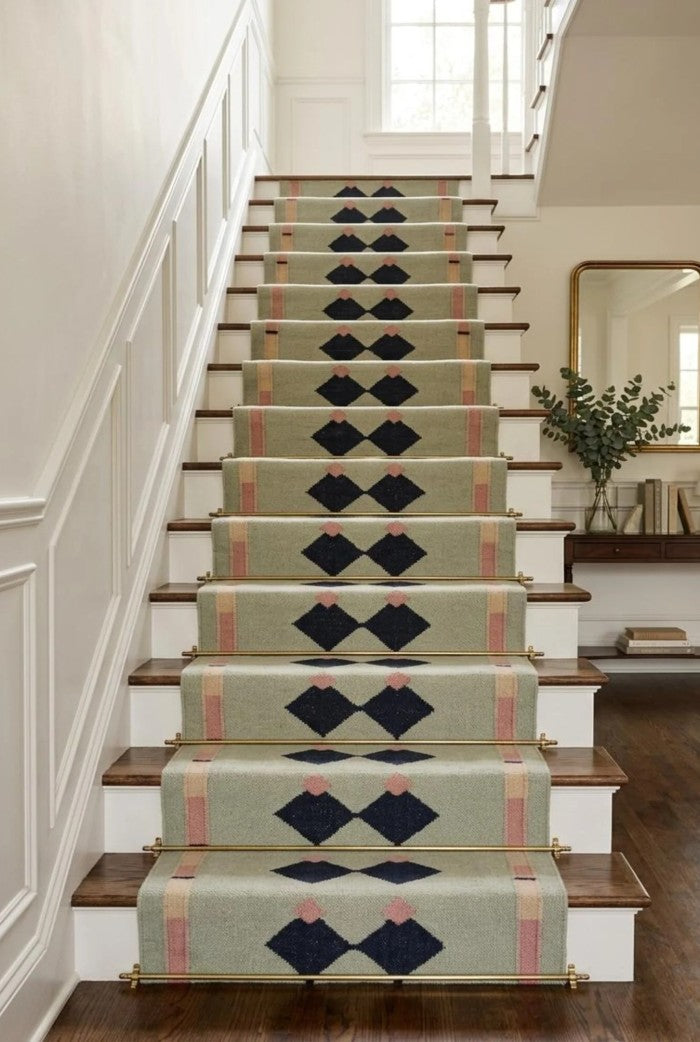 Blue Navy Geometric Pink Accent Boho Wool Flatweave Runner Rug