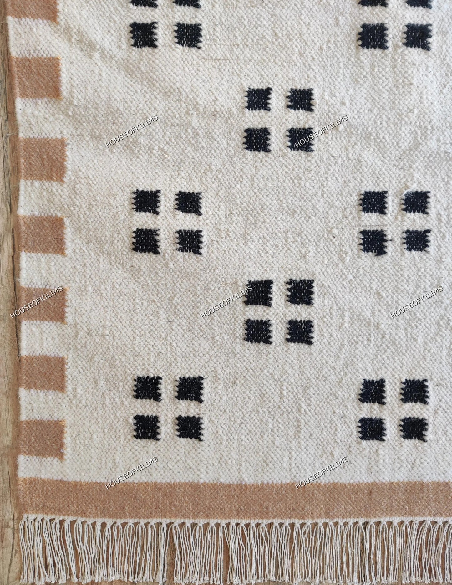 Minimalist Tan & Charcoal Dot Geometric Pixel Block Flatweave Area Rug