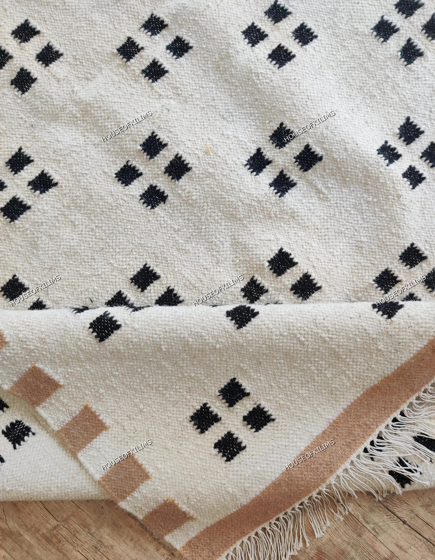 Minimalist Tan & Charcoal Dot Geometric Pixel Block Flatweave Area Rug