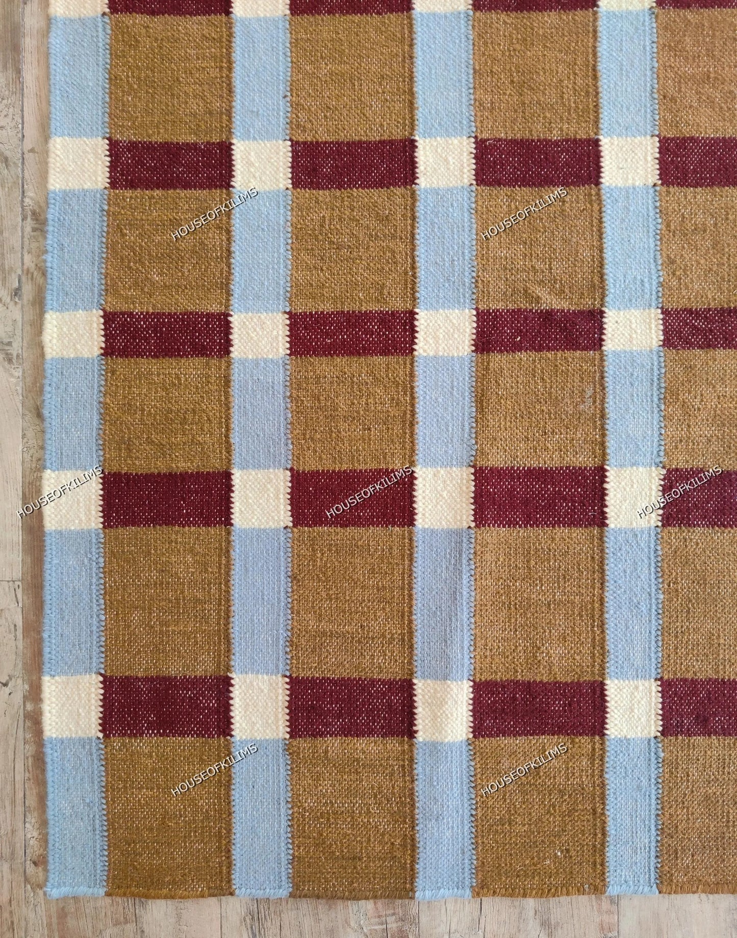 Ochre Sky Plaid Grid Handwoven Symmetrical Checked Rug
