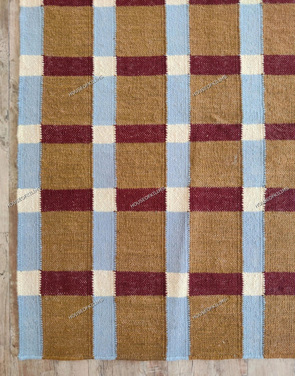 Ochre Sky Plaid Grid Handwoven Symmetrical Checked Rug