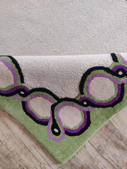 Olive Green & Cream Bordered Tufted Wool Area Rug