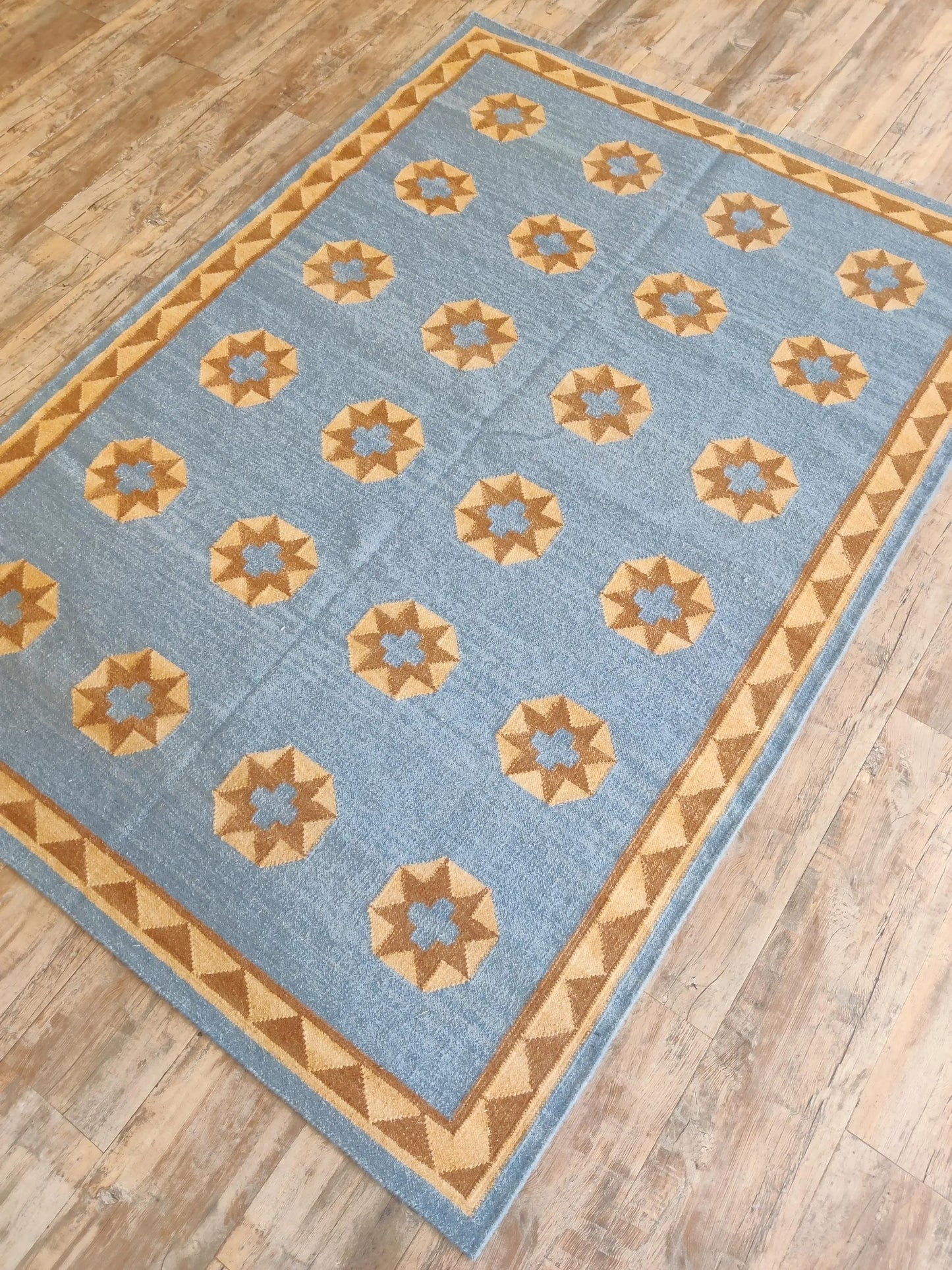 Sky Blue Starburst Medallion Handwoven Southwestern Coastal Kilim rug