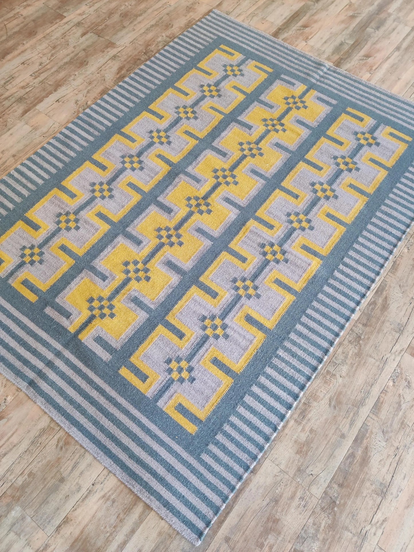 Lavender and Yellow Patterned Dhurrie Rug