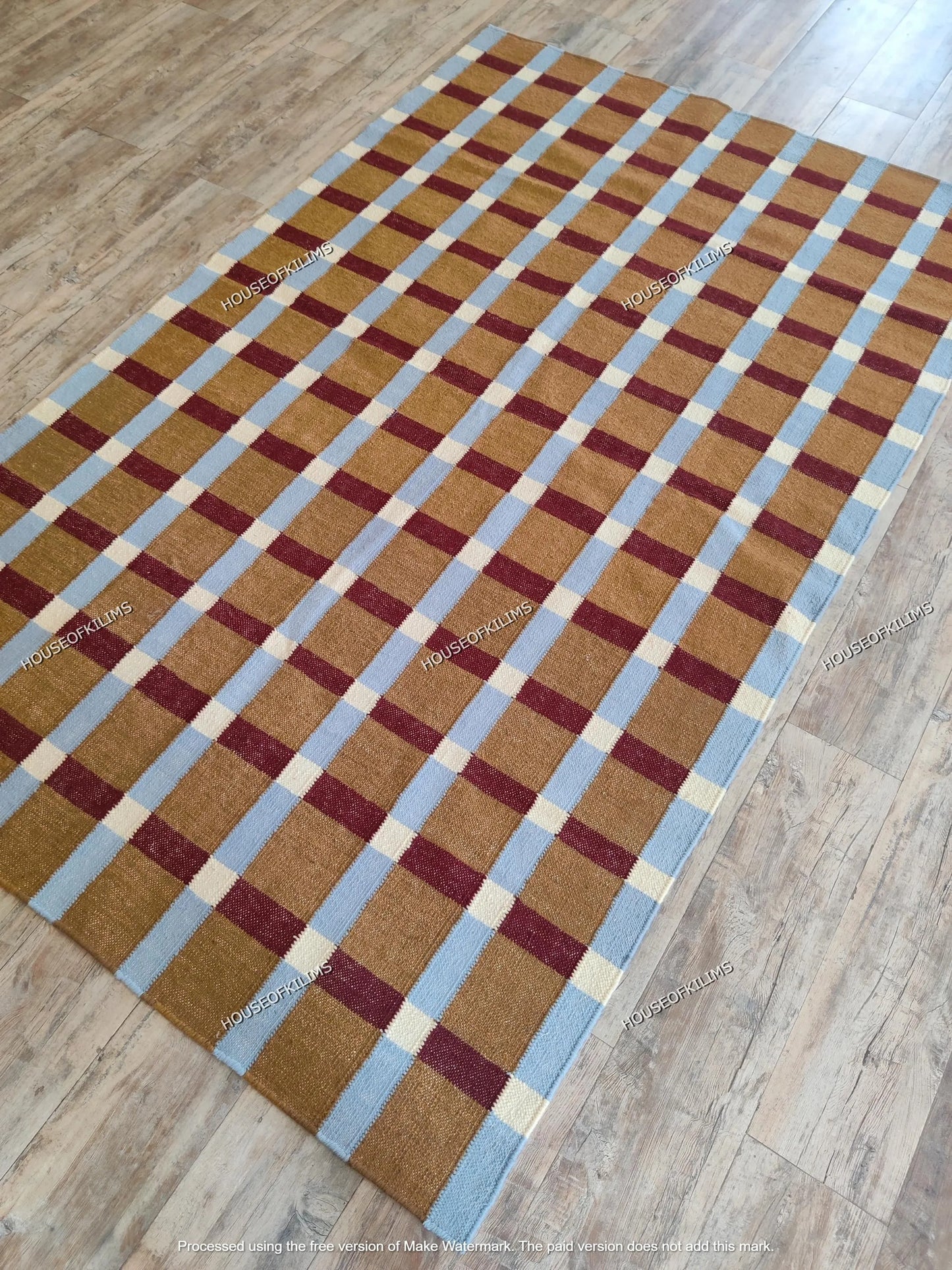 Ochre Sky Plaid Grid Handwoven Symmetrical Checked Rug