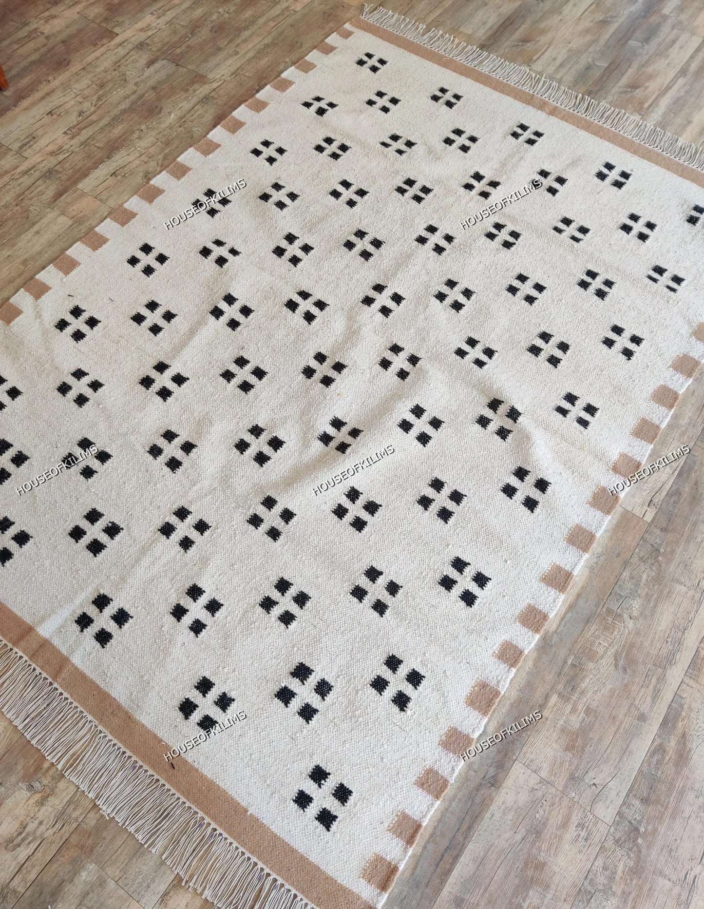 Minimalist Tan & Charcoal Dot Geometric Pixel Block Flatweave Area Rug