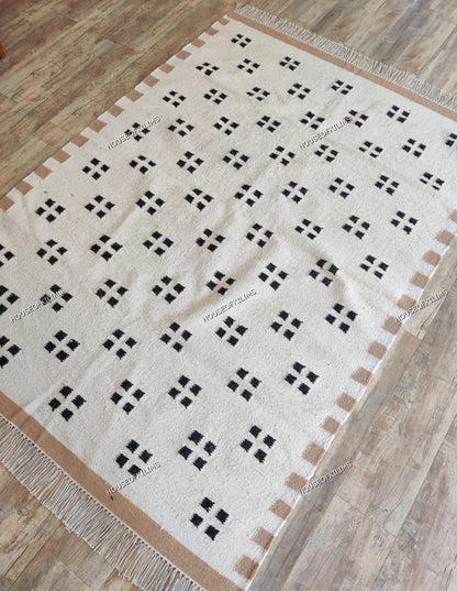 Minimalist Tan & Charcoal Dot Geometric Pixel Block Flatweave Area Rug