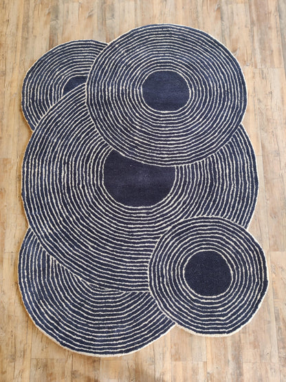 Navy Ripple Circles Abstract Design Wool Tufted Rug