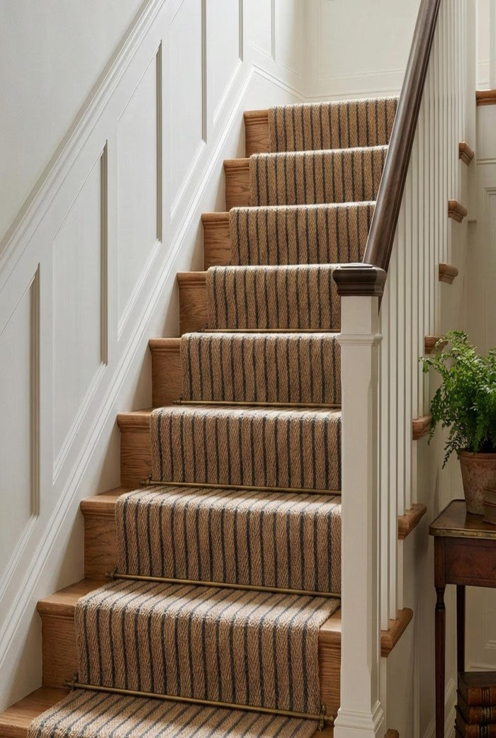 Neutral Beige Blue Chevron Stripes Hallway Stair Runner