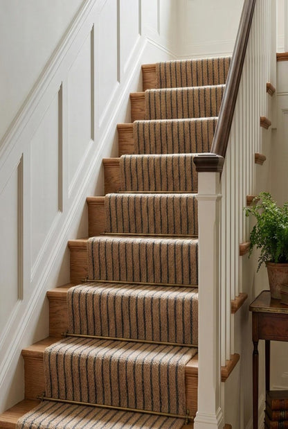 Neutral Beige Blue Chevron Stripes Hallway Stair Runner
