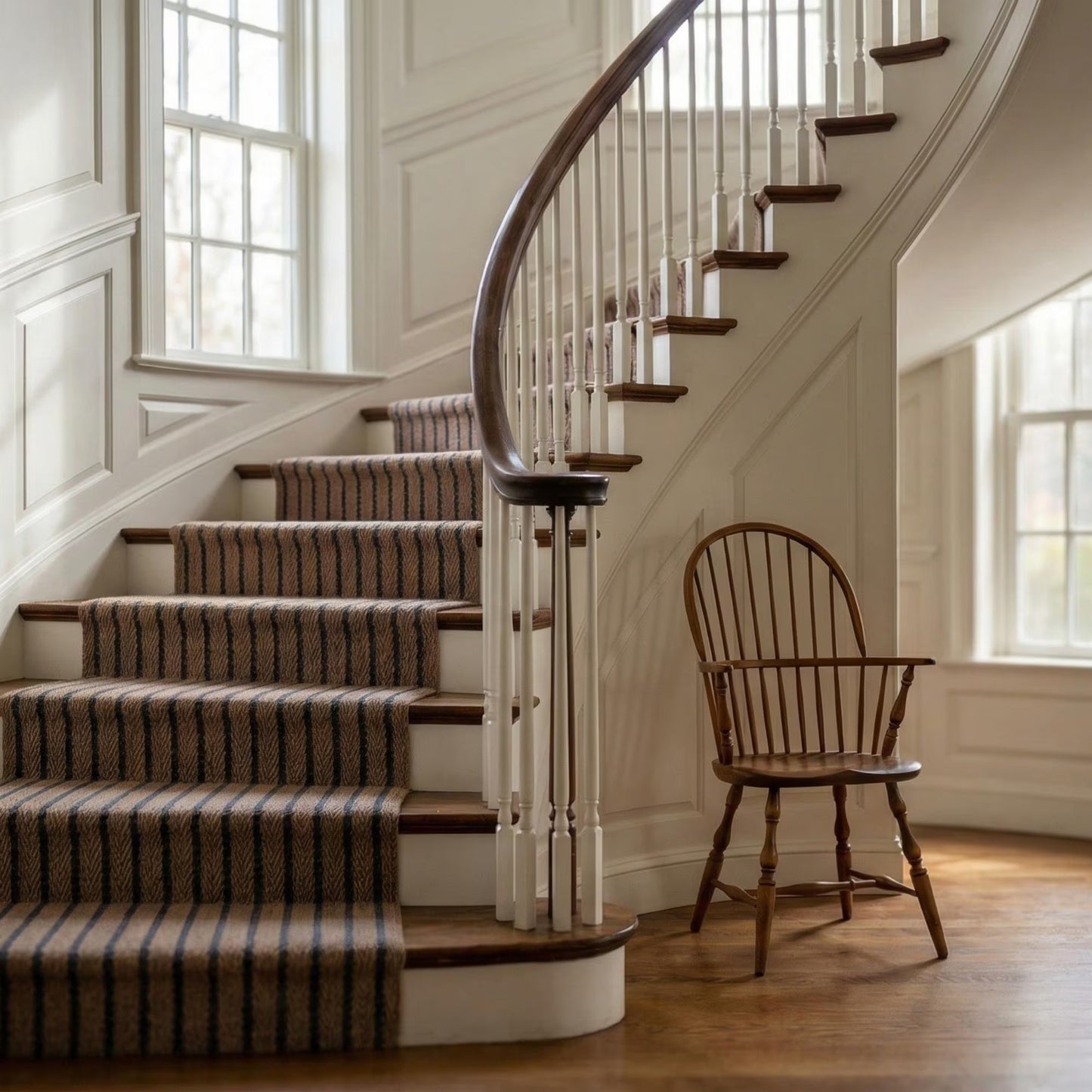 Neutral Beige Blue Chevron Stripes Hallway Stair Runner