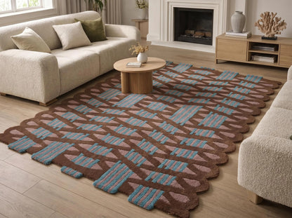 Scalloped Edge Geometric Rug, Brown Teal & Blush Modern Abstract Tufted Area Rug