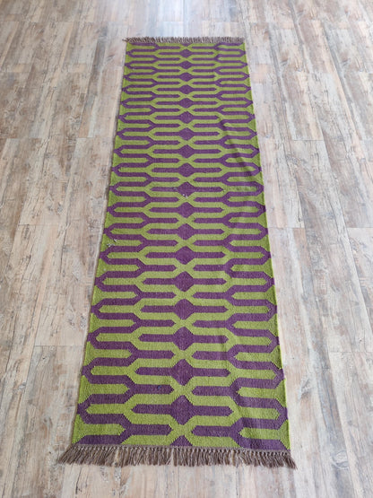 Wool Jute Kilim Runner Rug, Green Purple Geometric Flatweave Rug