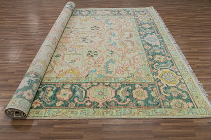 Traditional Pastel Floral Anatolian Hand Knotted Oushak Rug