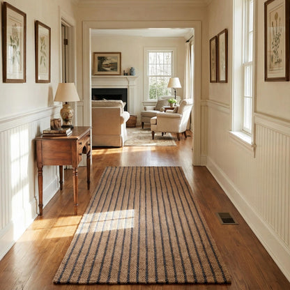 Neutral Beige Blue Chevron Stripes Hallway Stair Runner
