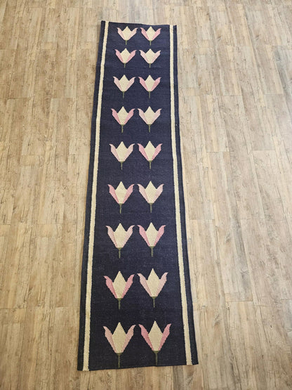 Handwoven Blue Floral Wool Flatweave Runner Rug