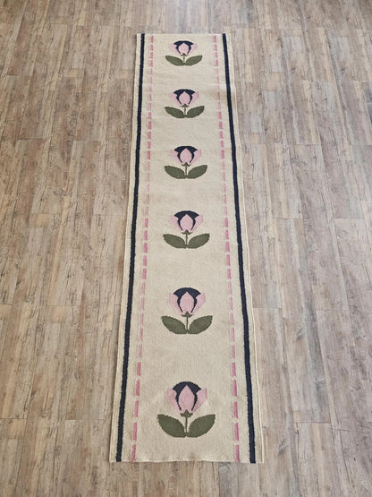 Handwoven Pink Floral Wool Flatweave Runner Rug