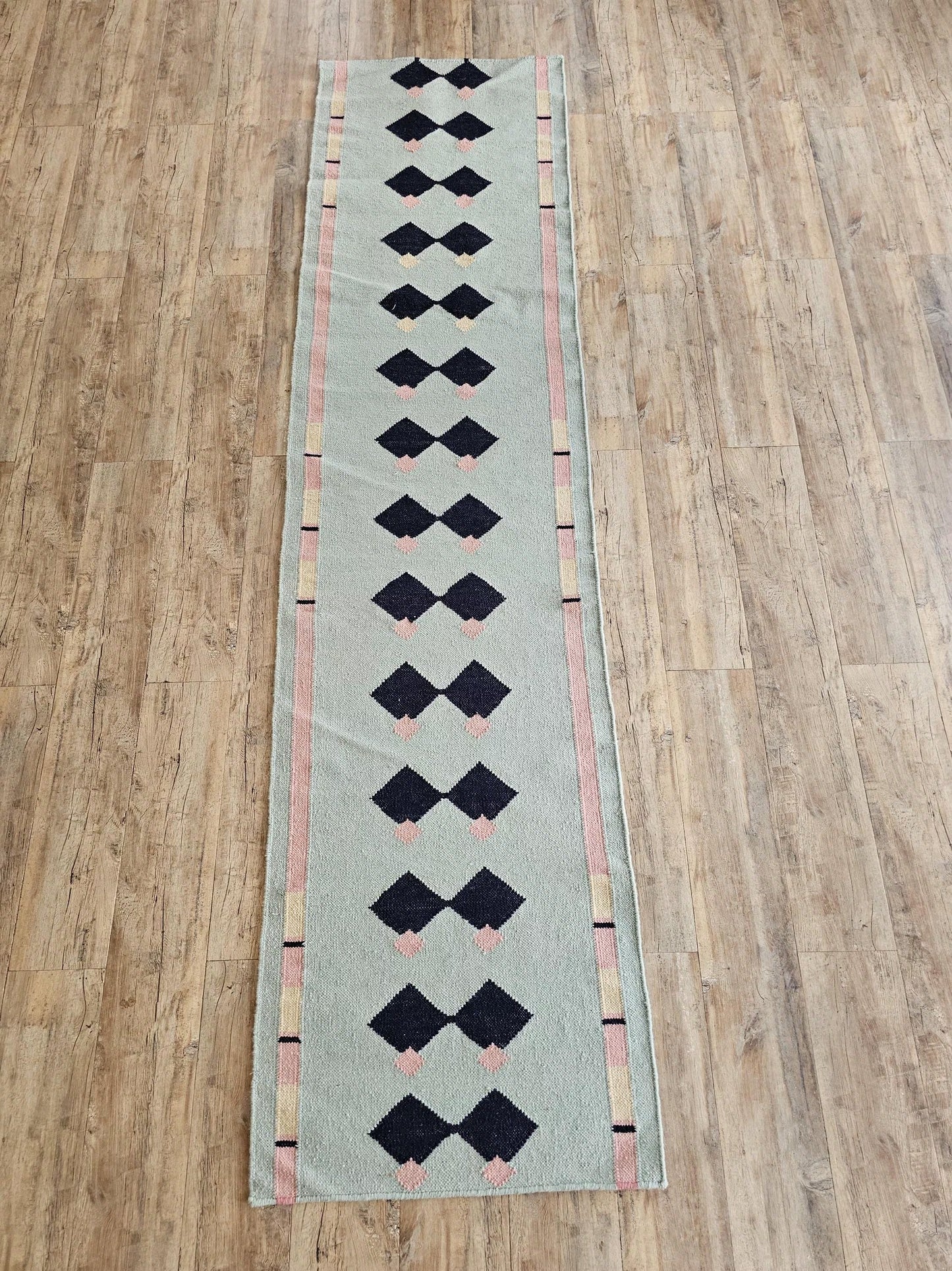 Blue Navy Geometric Pink Accent Boho Wool Flatweave Runner Rug