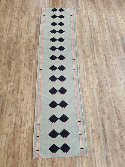 Blue Navy Geometric Pink Accent Boho Wool Flatweave Runner Rug