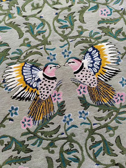 Hand-Tufted Wool Rug, Bird Floral Carpet, Nature-Inspired Area Rug, Custom-Size Wool Rug