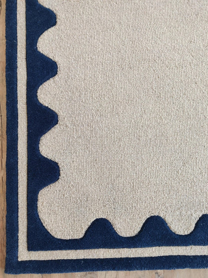 Hand Tufted Wool Runner Rug - Scalloped Navy Blue Border Ivory Hallway Carpet