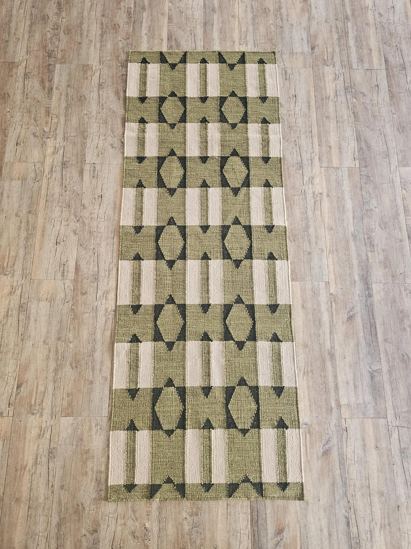Olive Green Wool Runner Rug, Handmade Geometric Hallway Runner