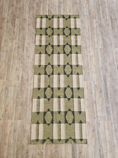 Olive Green Wool Runner Rug, Handmade Geometric Hallway Runner
