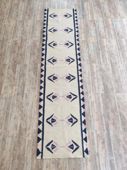 Handmade  Navy Blue and Pink Geometric Wool Flatweave Runner Rug