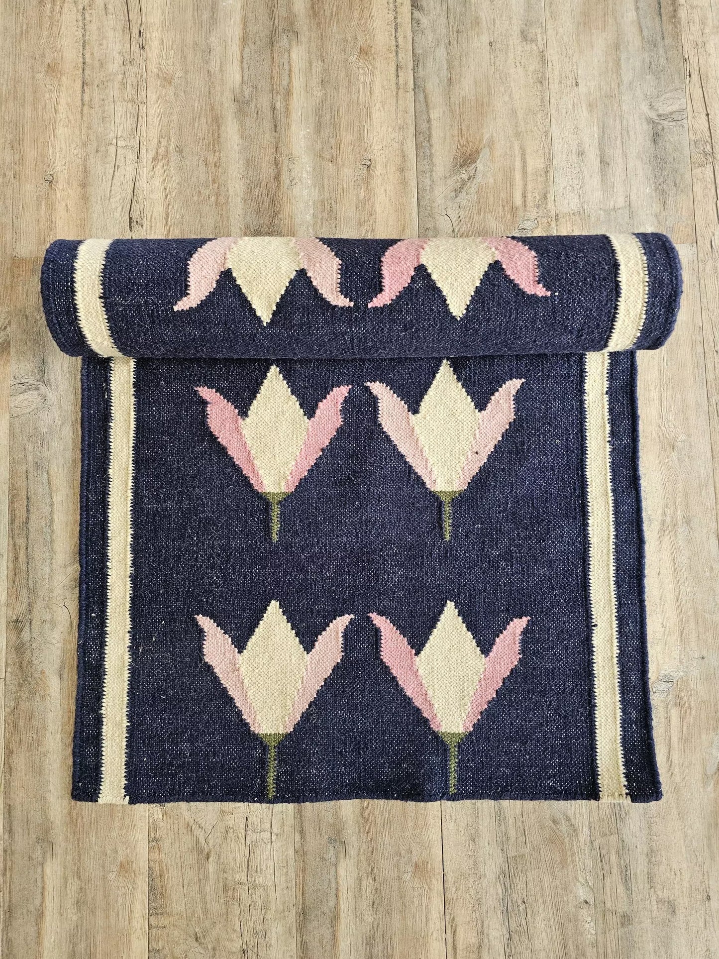 Handwoven Blue Floral Wool Flatweave Runner Rug