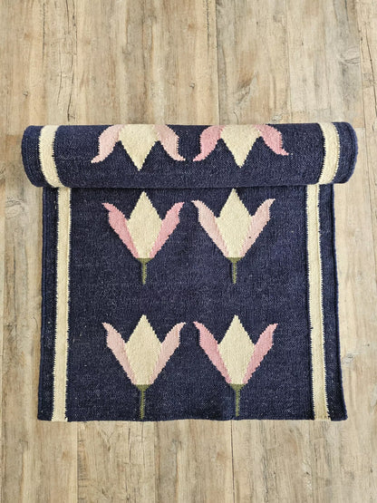 Handwoven Blue Floral Wool Flatweave Runner Rug
