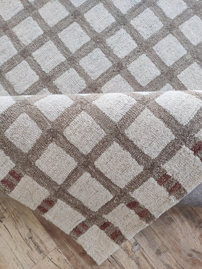 Hand Tufted Wool Rug, Beige Checkered Carpet, Rust Geometric Area Rug