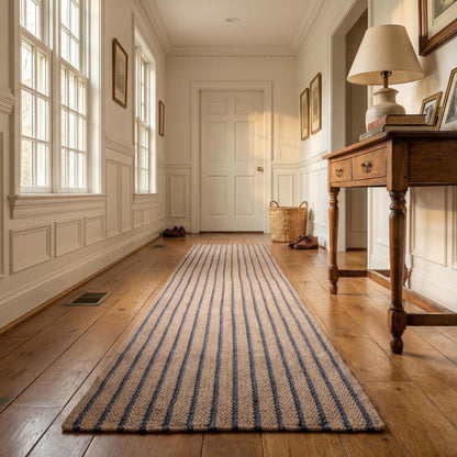 Neutral Beige Blue Chevron Stripes Hallway Stair Runner