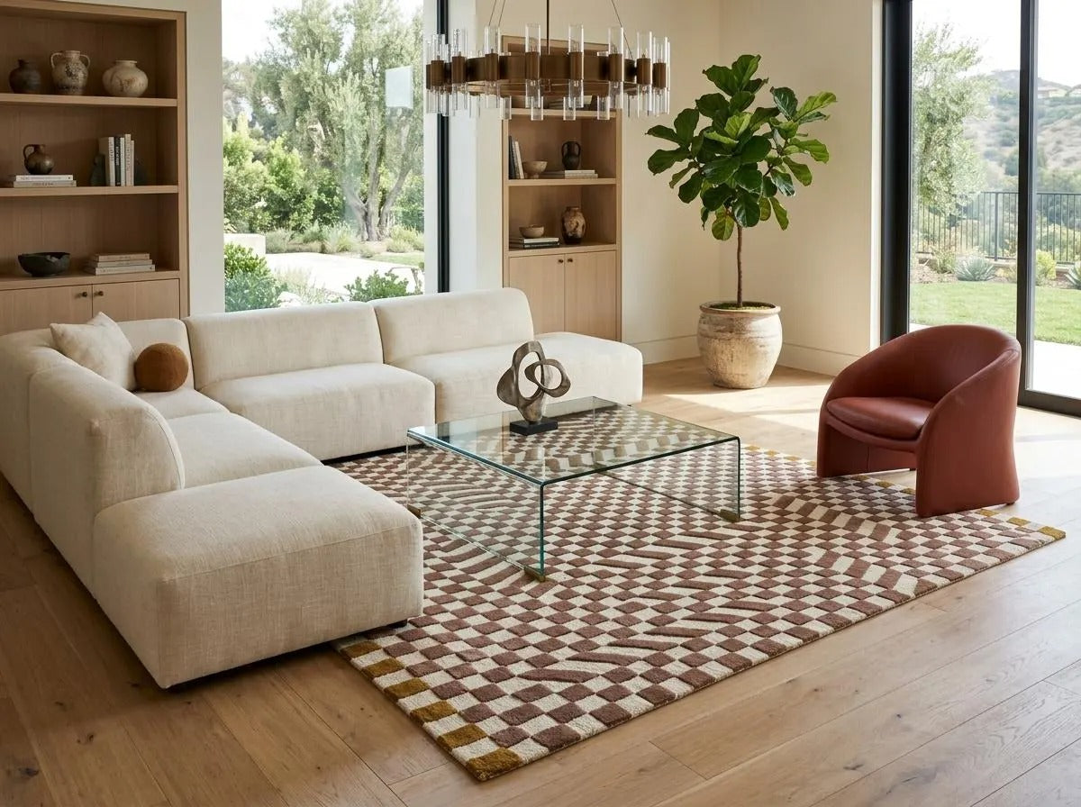 Checkerboard Geometric Rug, Mauve & Ivory Modern Abstract  Tufted Area Rug