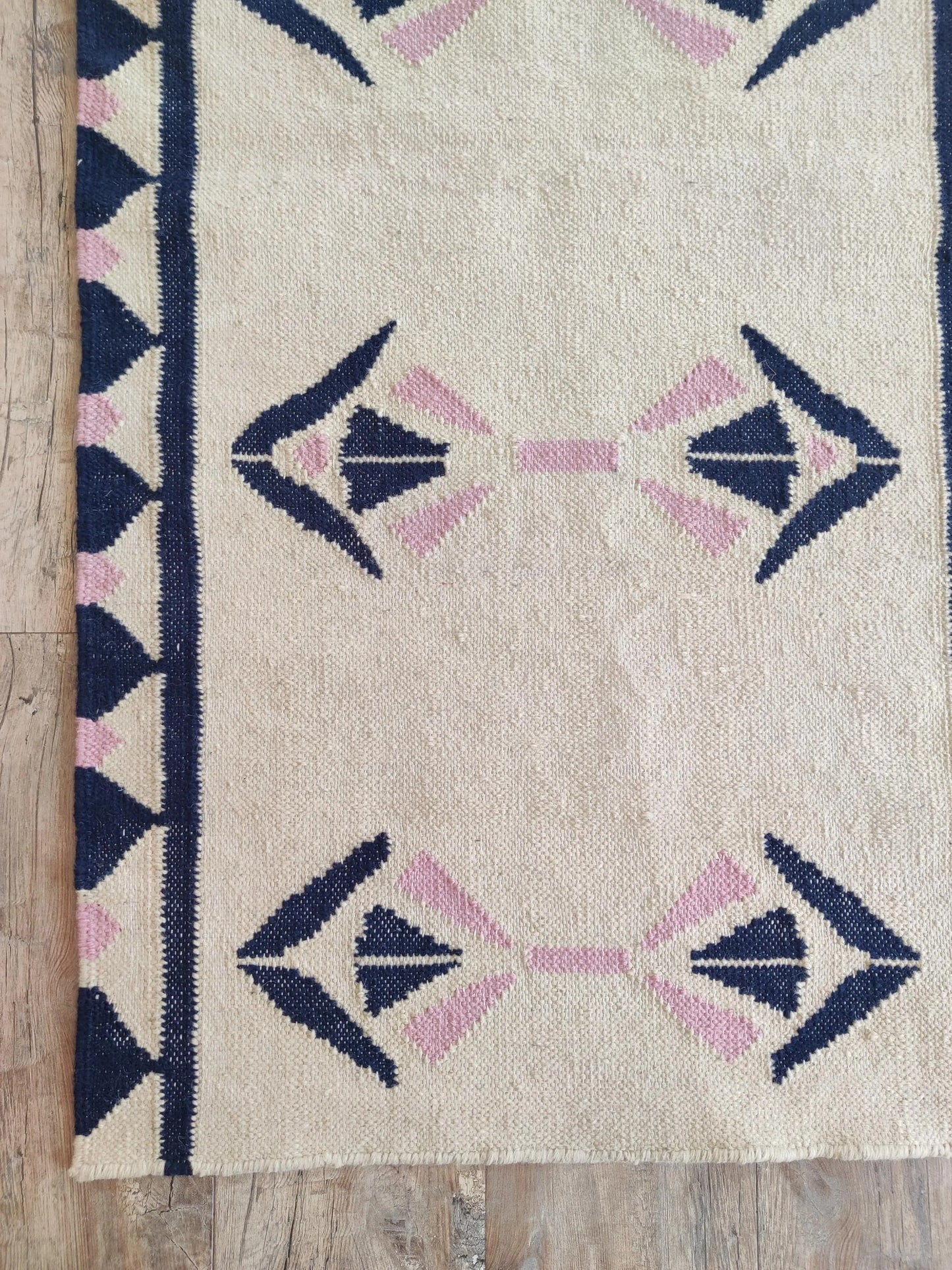 Handmade  Navy Blue and Pink Geometric Wool Flatweave Runner Rug