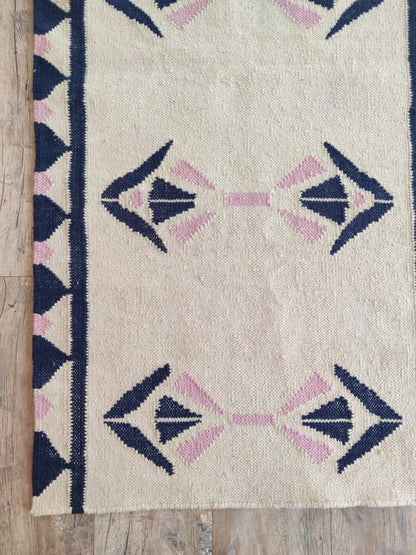 Handmade  Navy Blue and Pink Geometric Wool Flatweave Runner Rug