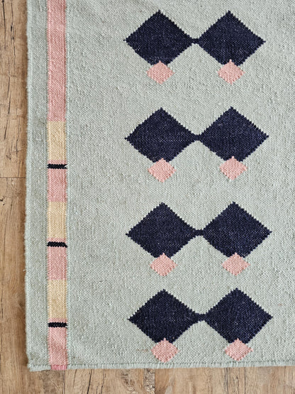 Blue Navy Geometric Pink Accent Boho Wool Flatweave Runner Rug