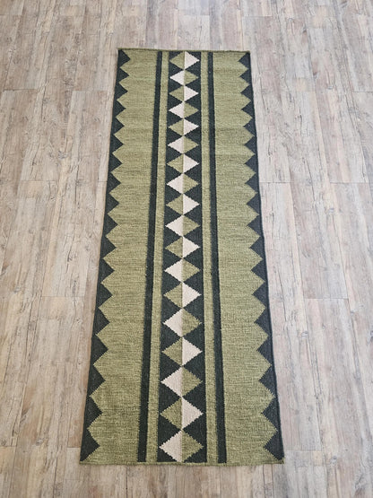 Handmade Geometric Olive Green Wool Runner Rug
