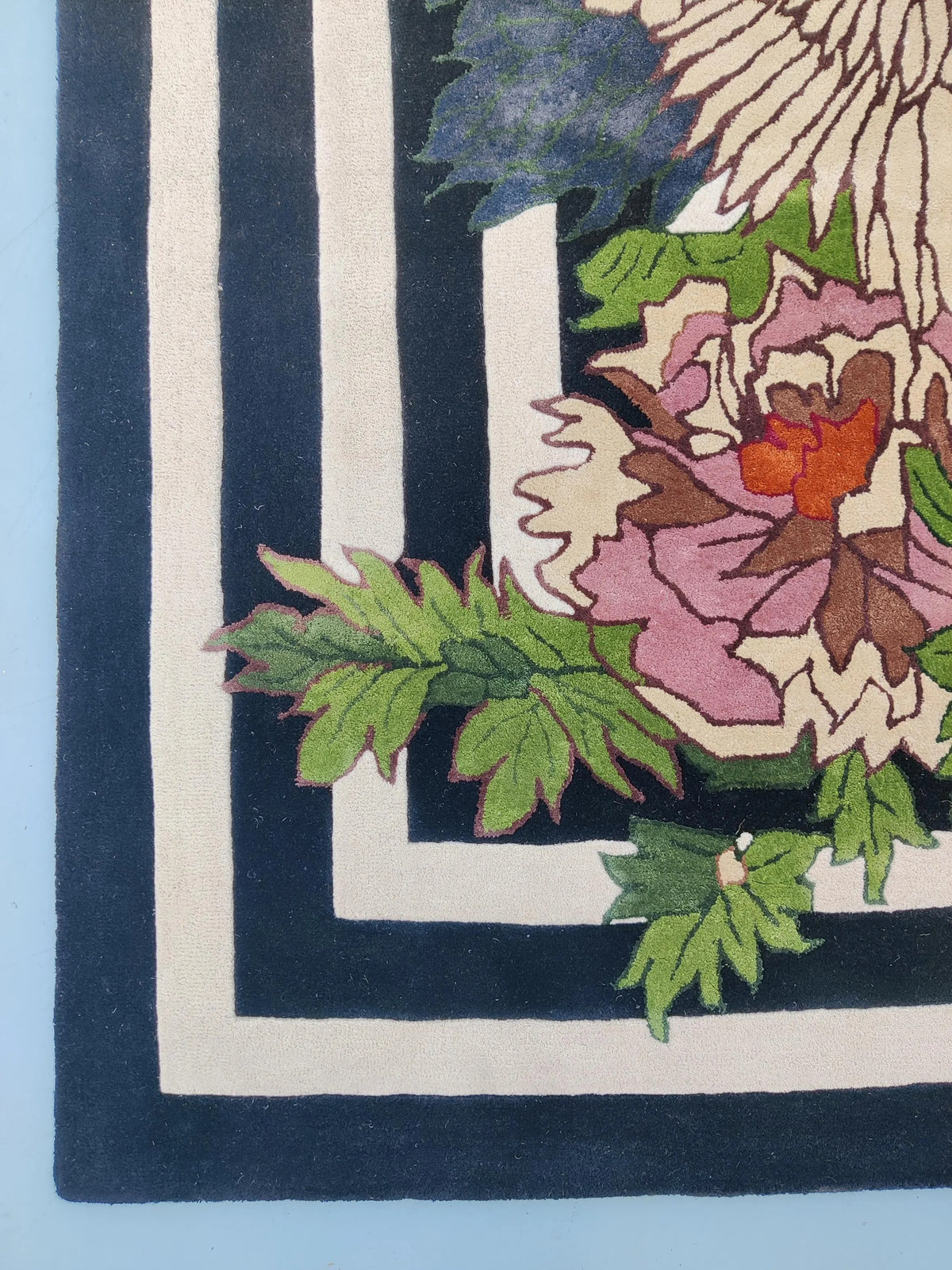 Hand-tufted Wool Rug, Japanese Crane Floral Area Rug, Black-and-White Geometric Striped Carpet