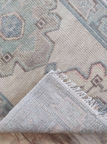 Hand Knotted Wool Oushak Runner Rug Vintage Turkish Hallway Runner