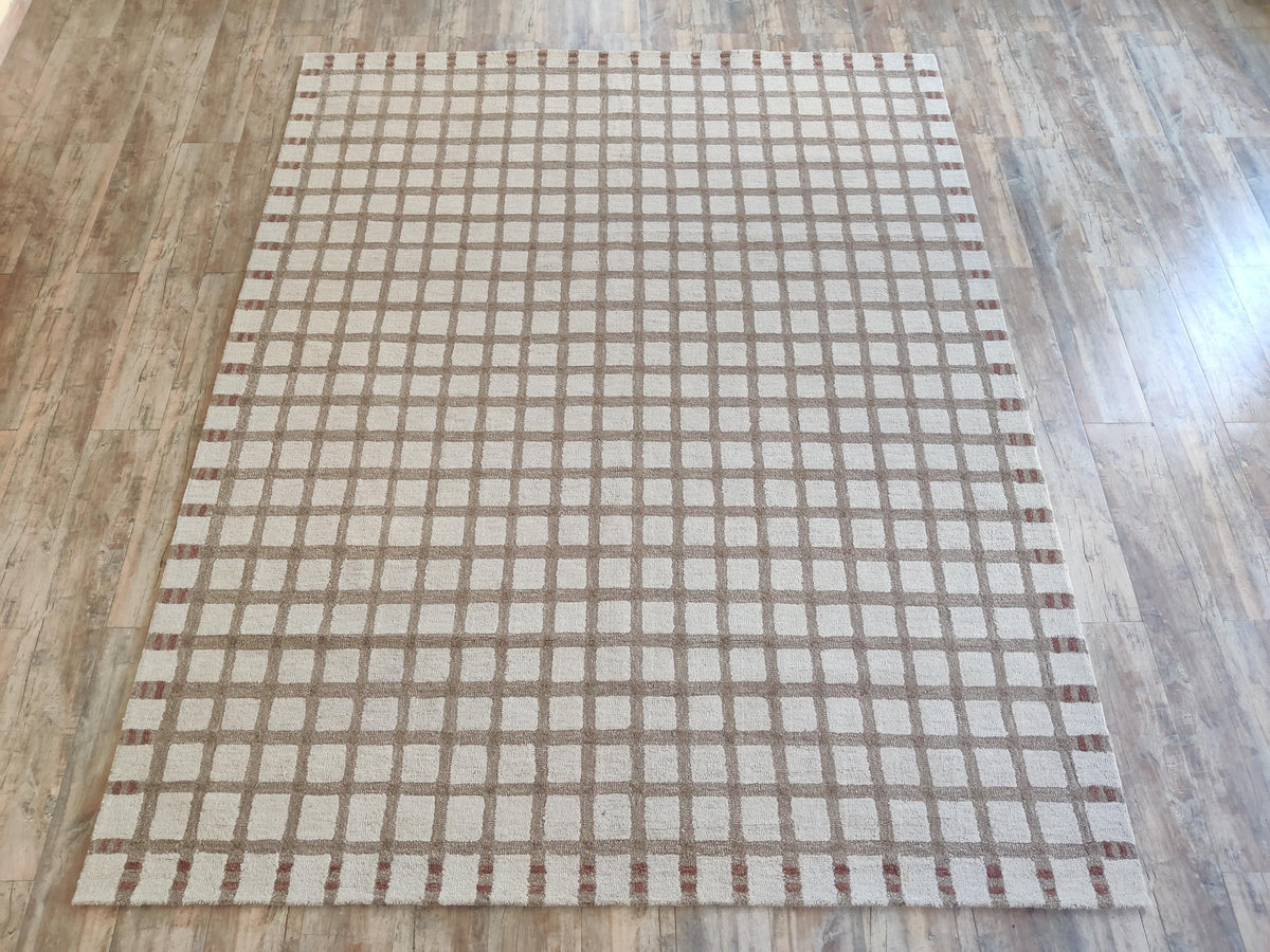 Hand Tufted Wool Rug, Beige Checkered Carpet, Rust Geometric Area Rug