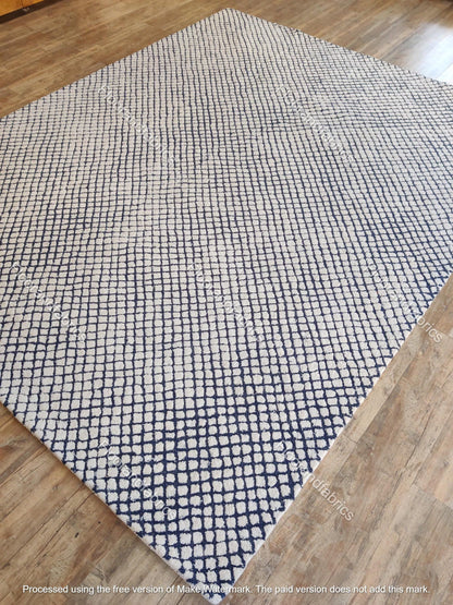 Blue & Ivory Hand Tufted Wool Rug, Modern Checkered Area Rug