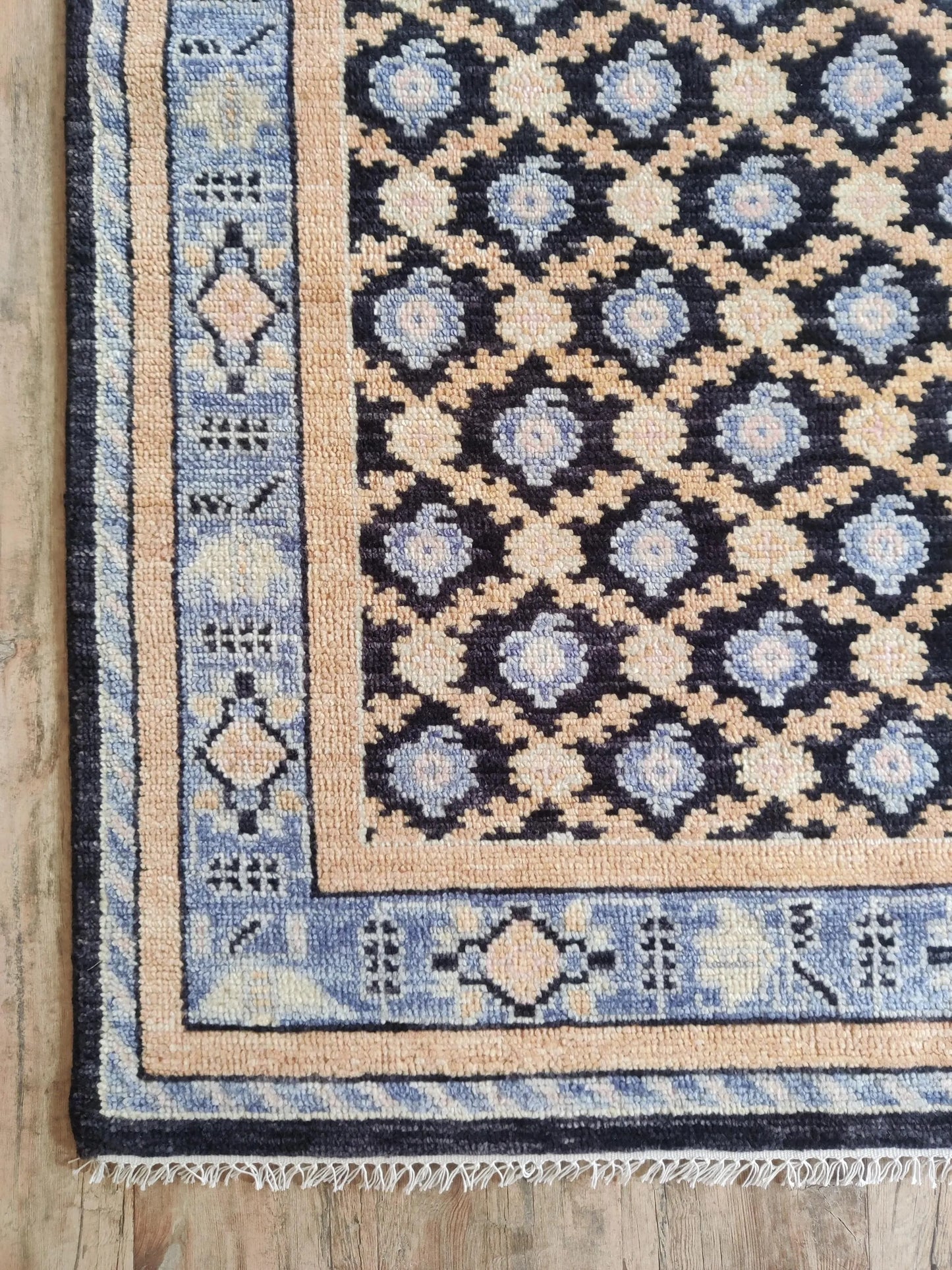 Hand Knotted Oushak Wool Rug Navy Blue & Peach Area Rug