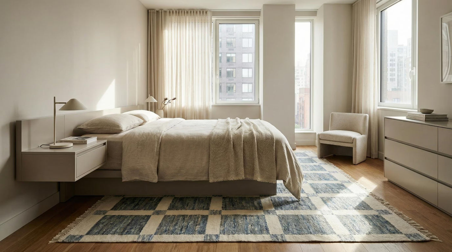 Turkish Handmade Wool Oushak Carpet, Modern Contemporary Minimalist Design for Bedroom