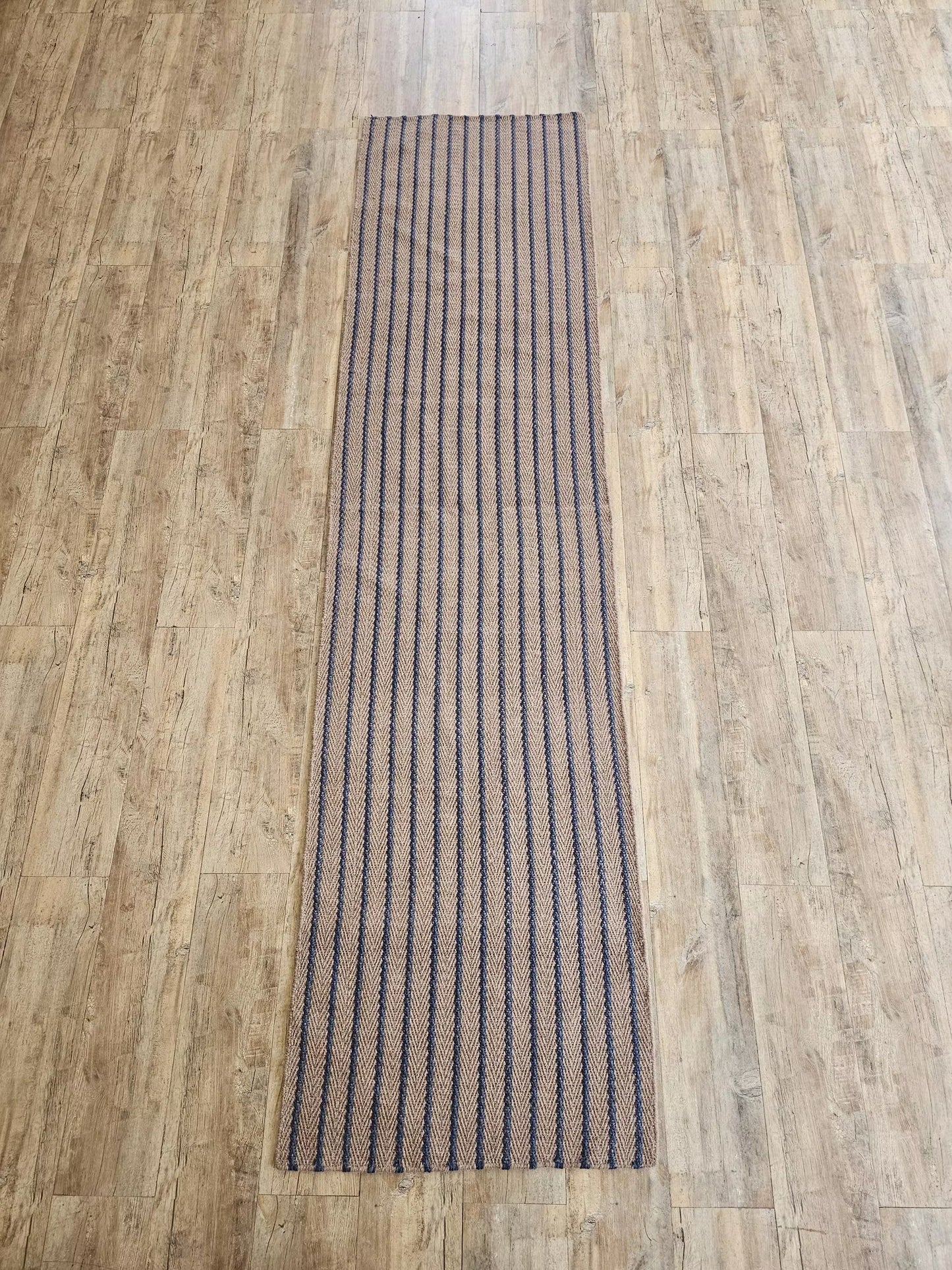 Neutral Beige Blue Chevron Stripes Hallway Stair Runner