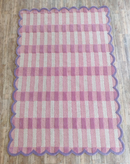 Pink Scalloped Hand-Tufted Rug, Modern Wool Area Carpet, Checkerboard Tufted Rug