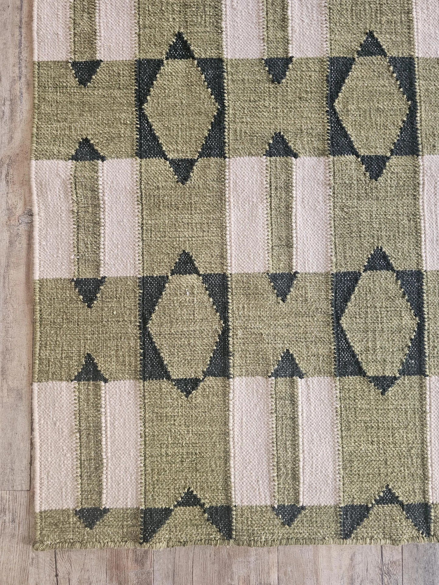 Olive Green Wool Runner Rug, Handmade Geometric Hallway Runner