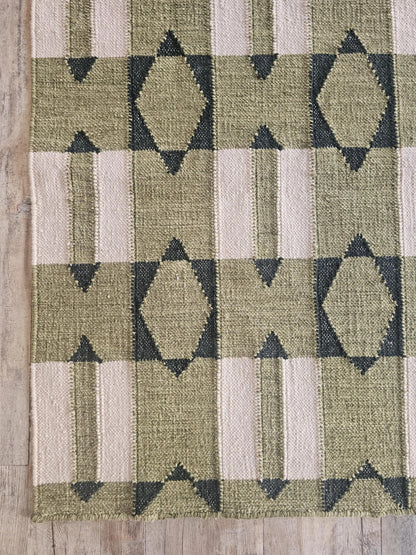 Olive Green Wool Runner Rug, Handmade Geometric Hallway Runner