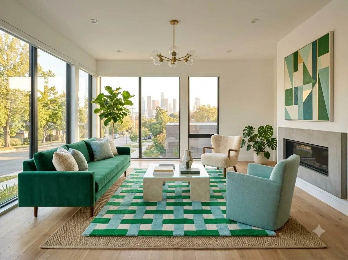 Hand Tufted Wool Carpet, Green, Basketweave, Geometric, Modern Area Rug